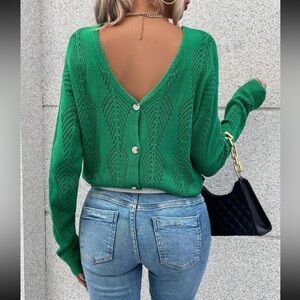 Comfy Button Back Pointelle Knit Sweater Top Green